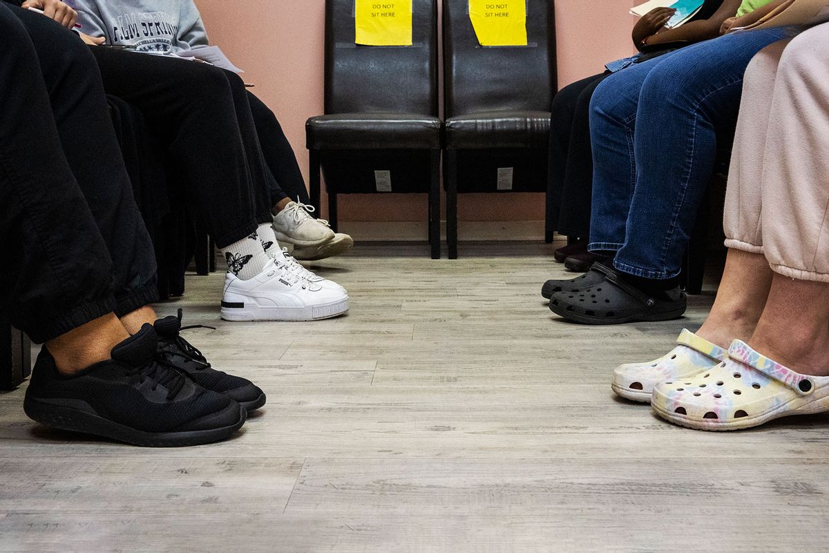Patients gather in the counseling area at one of the last remaining abortion providers in the South, at the Jackson Women's Health Organization also known as The Pink House in Jackson, MS on June 7, 2022.  (Erin Clark/The Boston Globe via Getty Images)
