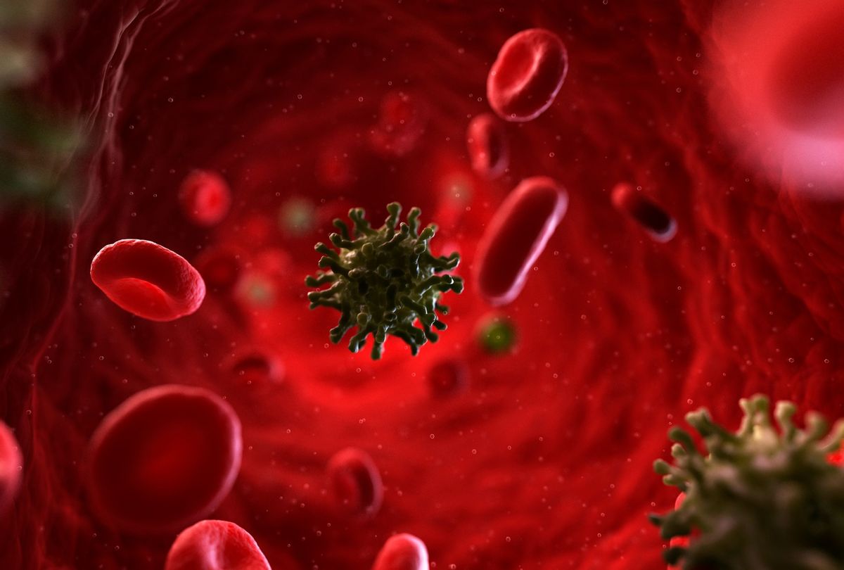 Computer artwork of virus particles in the bloodstream. (Getty Images)