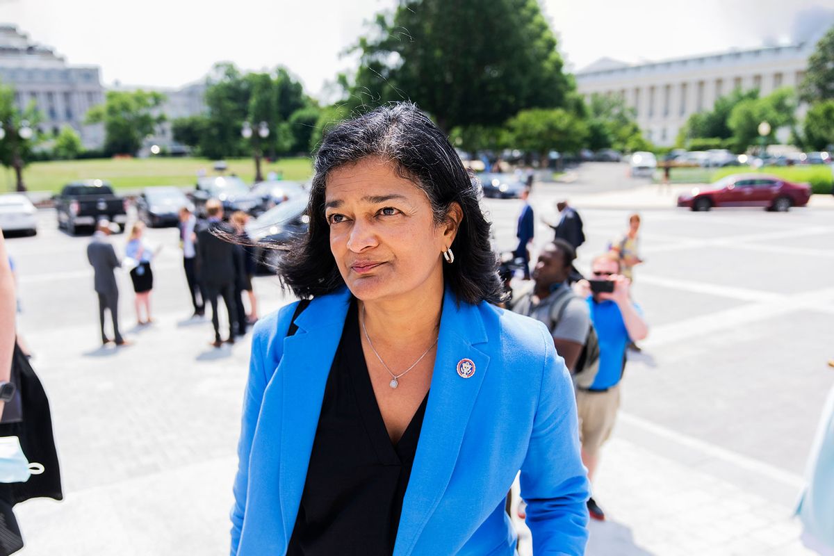 Rep. Pramila Jayapal, D-Wash., is seen on the House steps of the U.S. Capitol on Thursday, June 16, 2022. (Tom Williams/CQ-Roll Call, Inc via Getty Images)