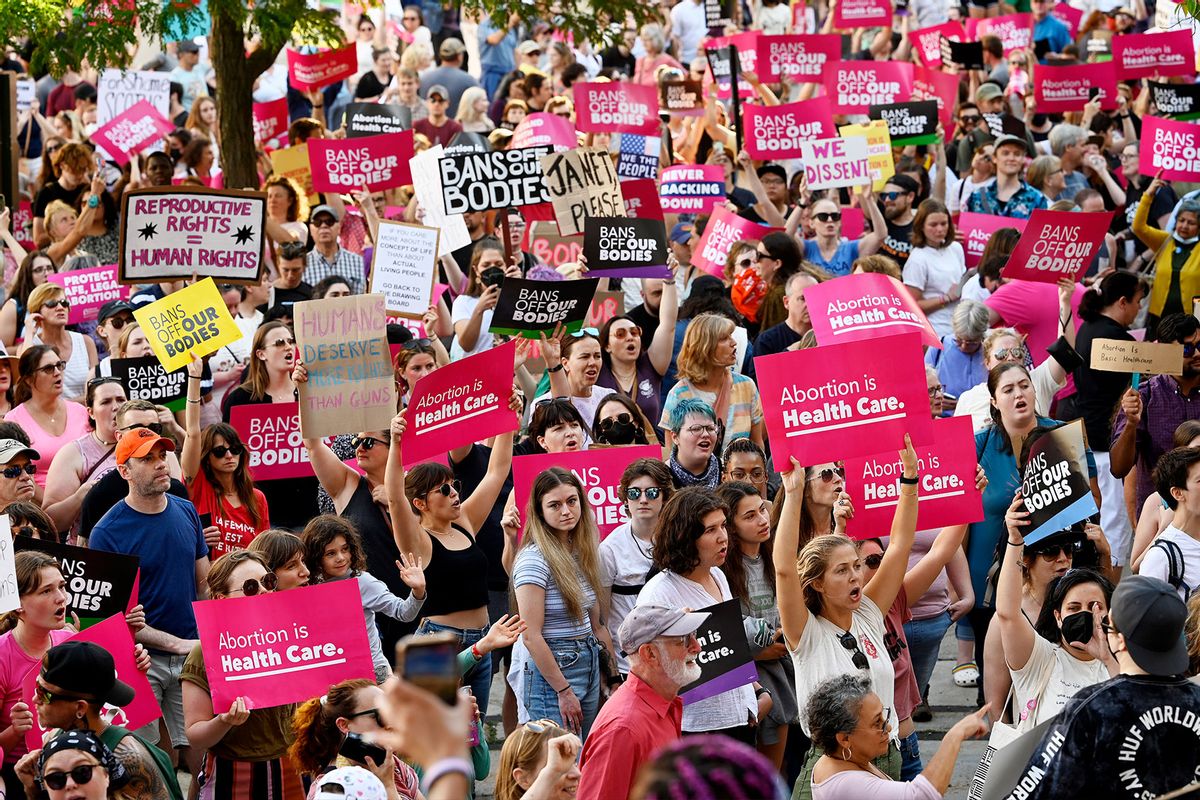 A large crowd of Protesters gathered at City Hall in Portland after the U.S. Supreme Court overturned Roe v. Wade Friday, June 24, 2022. They marched from Lincoln Park to City Hall. (Shawn Patrick Ouellette/Portland Press Herald via Getty Images)