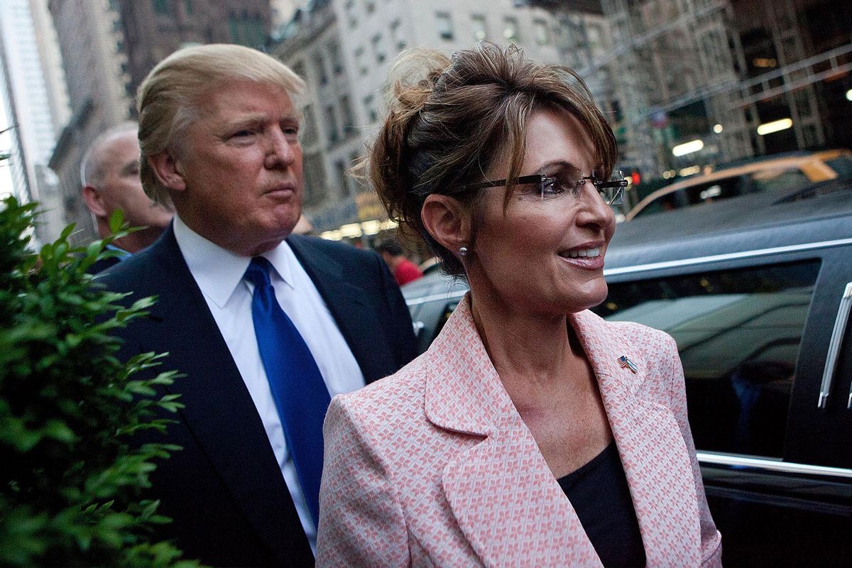 Former U.S. Vice presidential candidate and Alaska Governor Sarah Palin (R), and Donald Trump walk towards a limo after leaving Trump Tower, at 56th Street and 5th Avenue, on May 31, 2011 in New York City. (Andrew Burton/Getty Images)