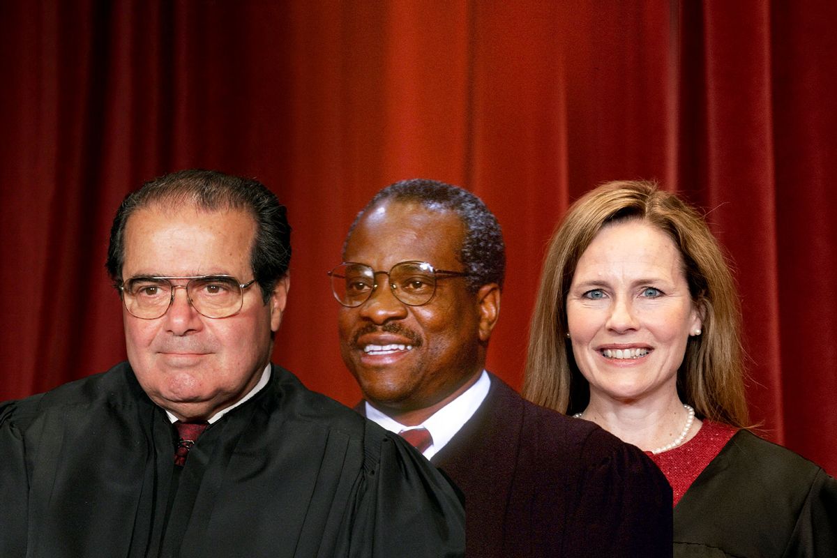 Antonin Scalia, Clarence Thomas and Amy Coney Barrett (Photo illustration by Salon/Getty Images)