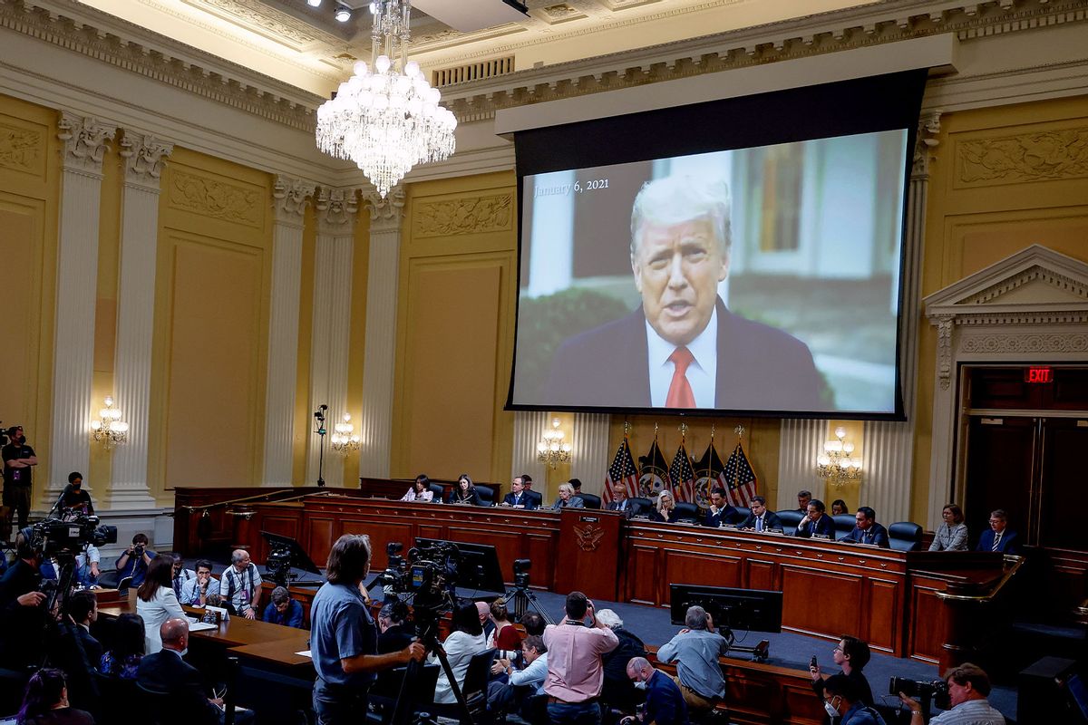 A video of former President Donald Trump is played as Cassidy Hutchinson, a top former aide to Trump White House Chief of Staff Mark Meadows, testifies during the sixth hearing by the House Select Committee to Investigate the January 6th Attack on the U.S. Capitol in the Cannon House Office Building on June 28, 2022 in Washington, DC. (Anna Moneymaker/Getty Images)