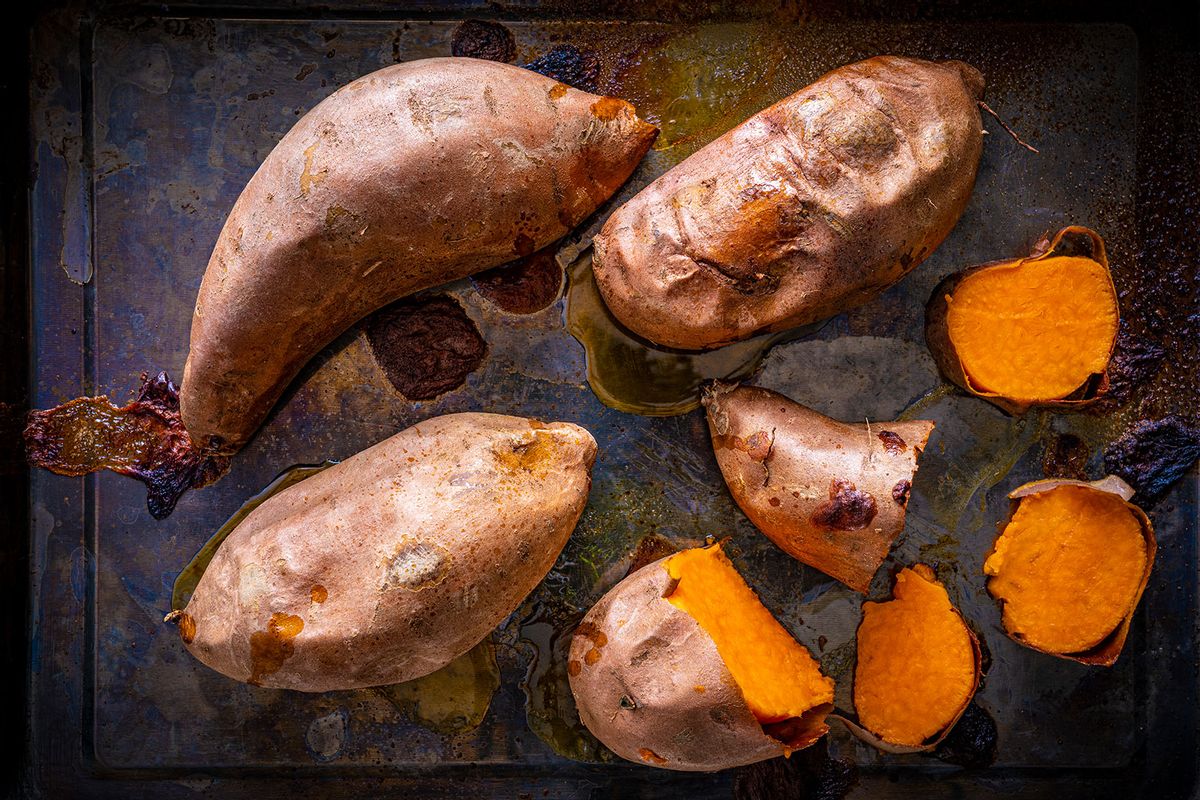 Roasted sweet potato in iron tray oven cooked (Getty Images/MEDITERRANEAN)
