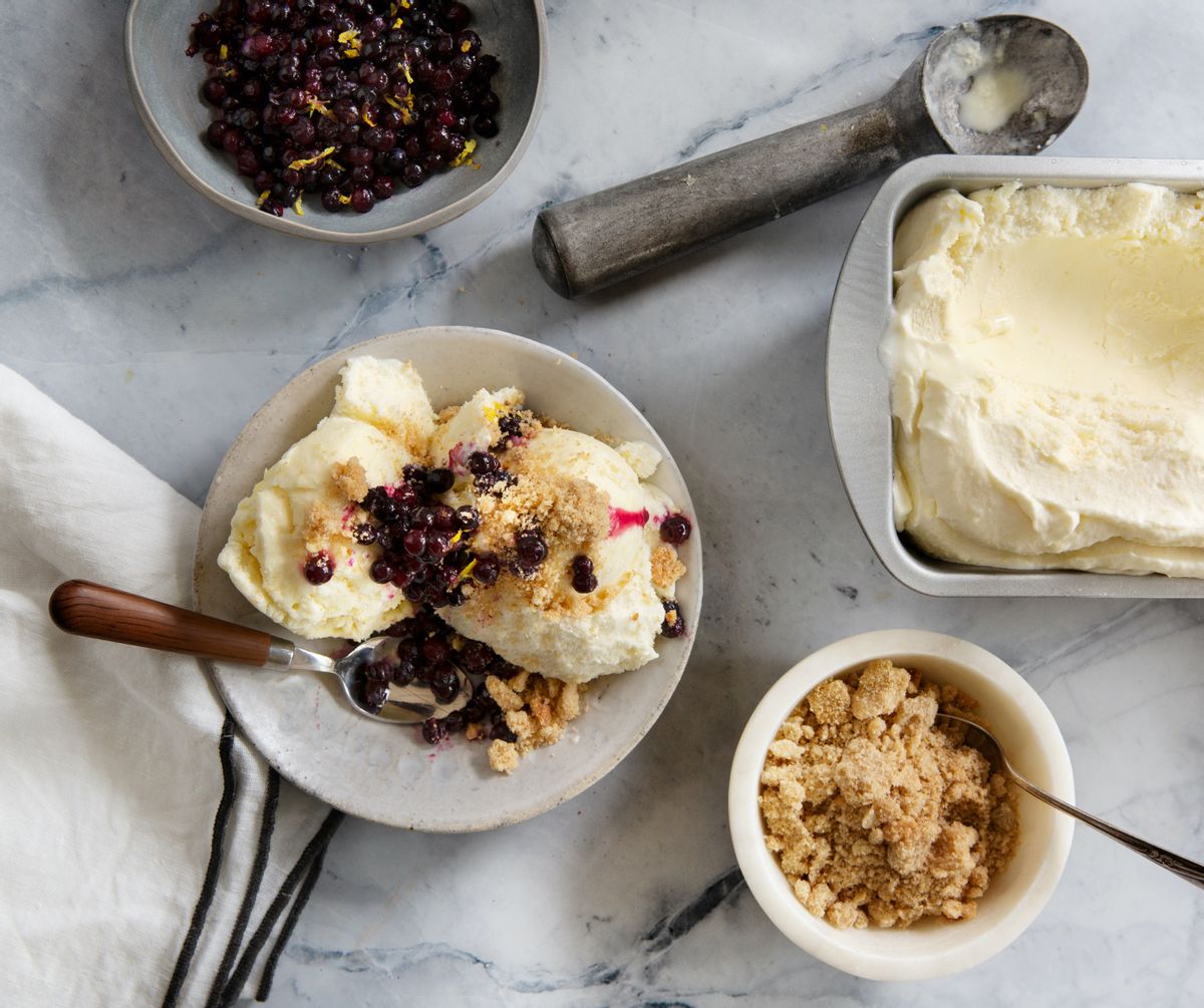 Sweet corn ice cream with crumble and wild blueberries  (Clare Barboza)