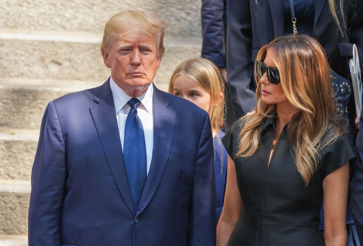 Donald Trump and Melania Trump are seen at the funeral of Ivana Trump on July 20, 2022 in New York City. (JNI/Star Max/GC Images/Getty)