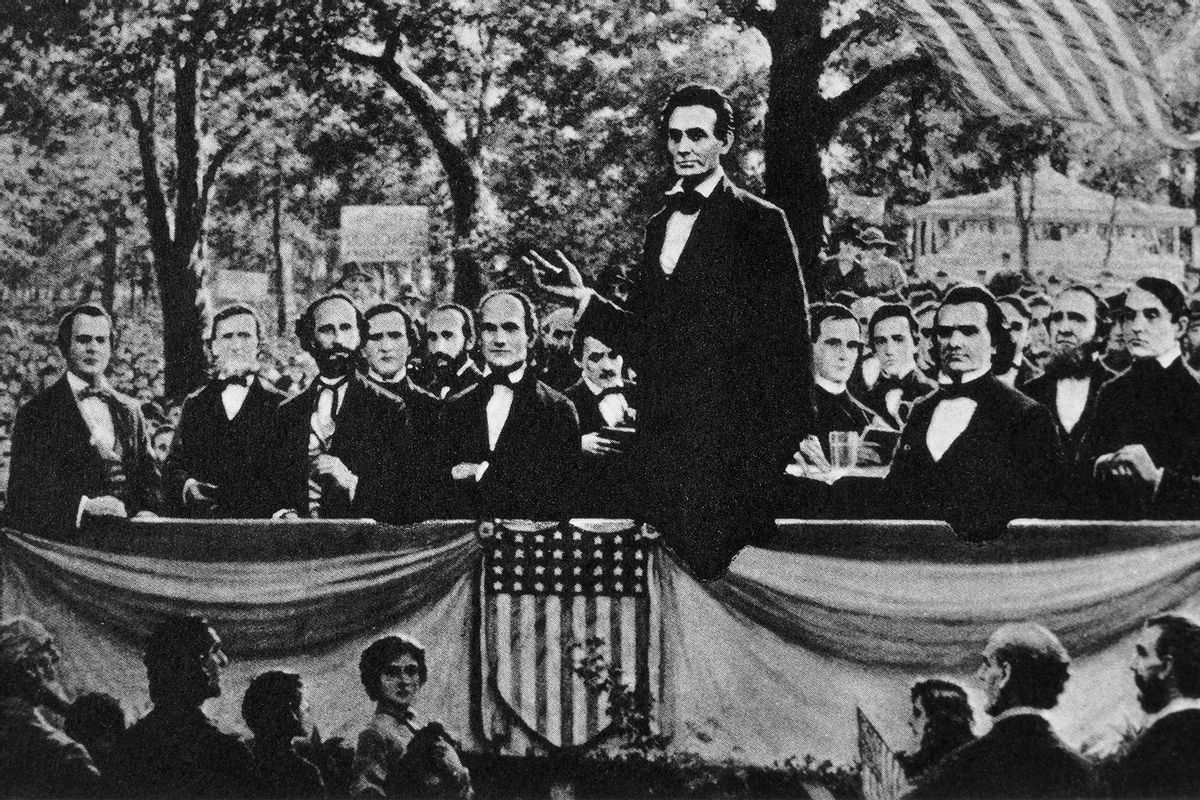 Abraham Lincoln Speaking During one of the Lincoln-Douglas Debates, Charleston, Illinois, USA, September 18, 1858. (Universal History Archive/Universal Images Group via Getty Images)
