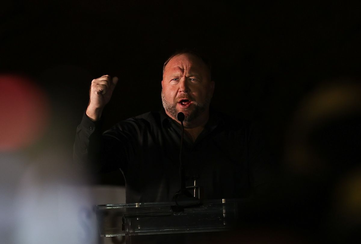 InfoWars website coordinator Alex Jones speeking to Trump supporters before Congress counts the Electoral College votes in Washington D.C., United States on January 05, 2021.  (Tayfun Coskun/Anadolu Agency via Getty Images)