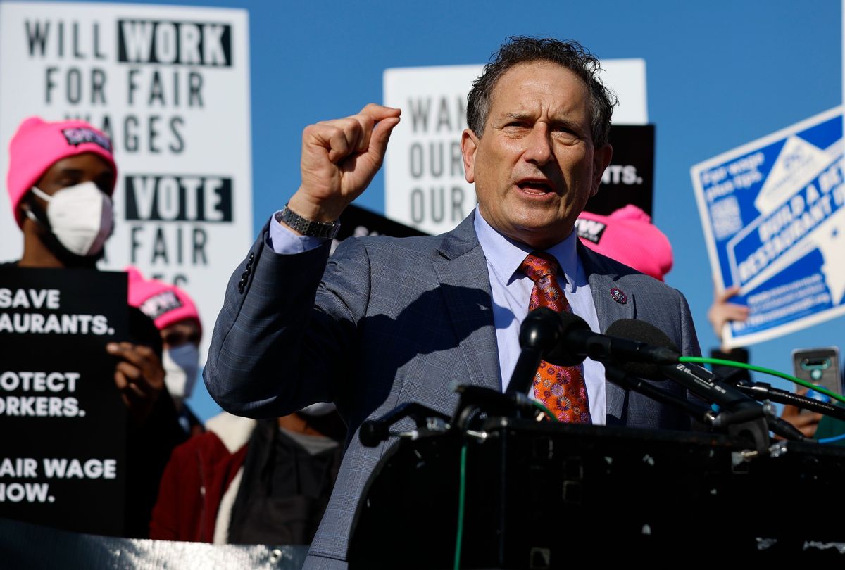 Rep. Andy Levin (D-MI) rallies with restaurant workers and owners outside the U.S. Capitol on February 08, 2022 in Washington, DC.  (Chip Somodevilla/Getty Images)