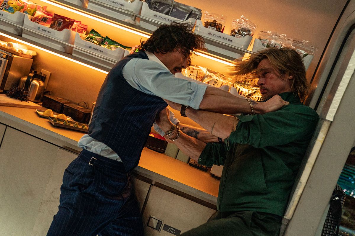 Aaron Taylor-Johnson and Brad Pitt in "Bullet Train" (Scott Garfield/Sony Pictures)