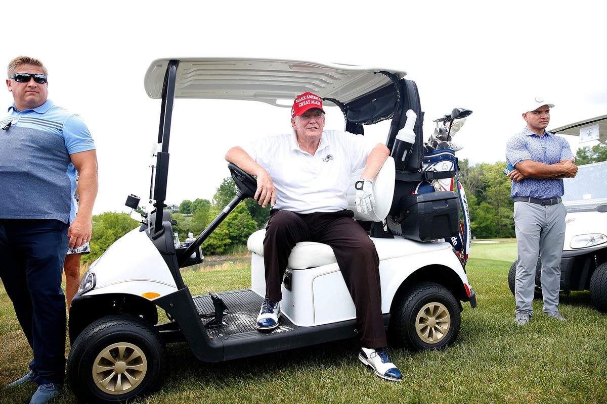 Former U.S. President Donald Trump waits on the ninth tee in his golf cart during the pro-am prior to the LIV Golf Invitational - Bedminster at Trump National Golf Club Bedminster on July 28, 2022 in Bedminster, New Jersey. (Jonathan Ferrey/LIV Golf via Getty Images)