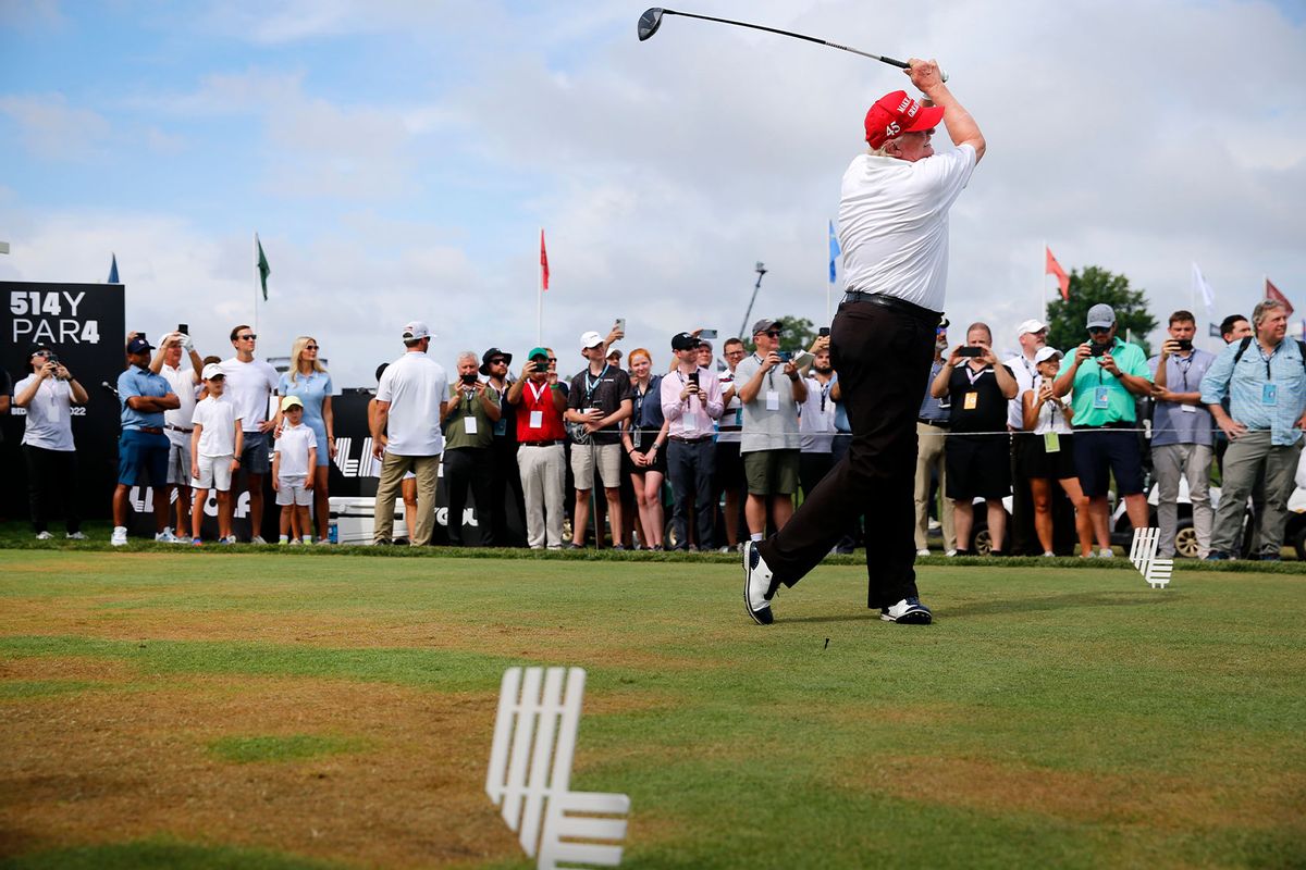Former U.S. President Donald Trump plays his shot from the first tee during the pro-am prior to the LIV Golf Invitational - Bedminster at Trump National Golf Club Bedminster on July 28, 2022 in Bedminster, New Jersey. (Jonathan Ferrey/LIV Golf via Getty Images)