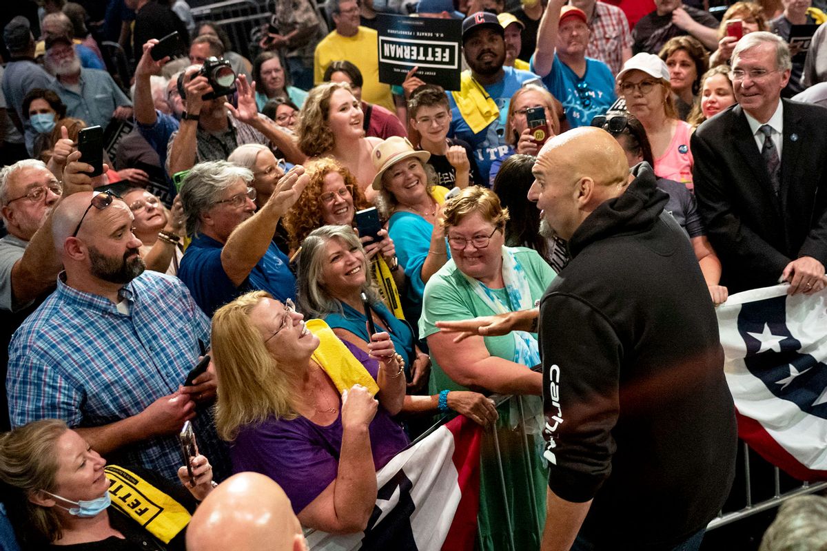Democratic Senate candidate Lt. Gov. John Fetterman (D-PA) greets supporters following a rally on August 12, 2022 in Erie, Pennsylvania. (Nate Smallwood/Getty Images)