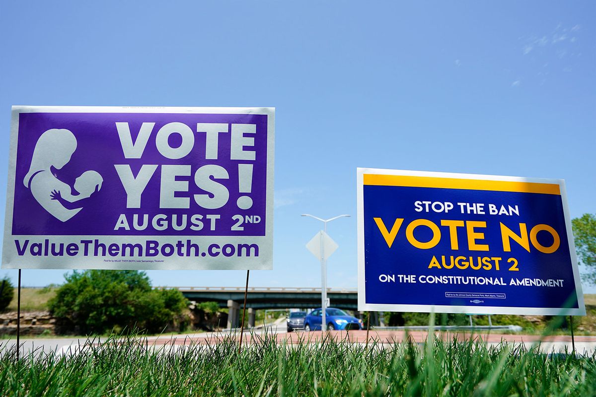 Signs in favor and against the Kansas Constitutional Amendment On Abortion displayed outside Kansas 10 Highway on August 01, 2022 in Lenexa, Kansas. (Kyle Rivas/Getty Images)