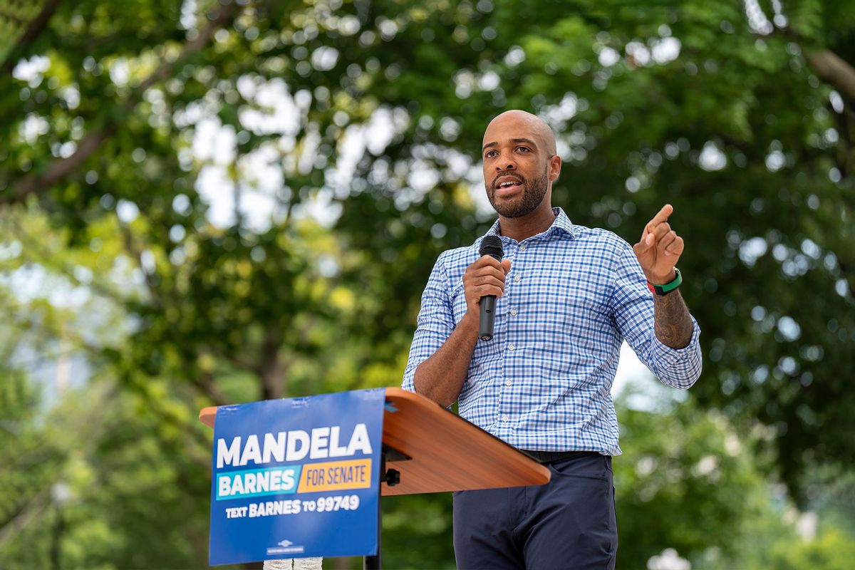 Lt. Gov. of Wisconsin and Democratic candidate for US senate, Mandela Barnes, speaks to supporters at a rally outside of the Wisconsin State Capital building on Saturday, July 23, 2022. (Sara Stathas for the Washington Post/Getty Images)