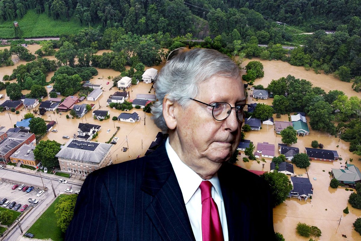 Senate Minority Leader Mitch McConnell (R-KY) | Aerial view of homes submerged under flood waters from the North Fork of the Kentucky River in Jackson, Kentucky, on July 28, 2022 (Photo illustration by Salon/Getty Images)