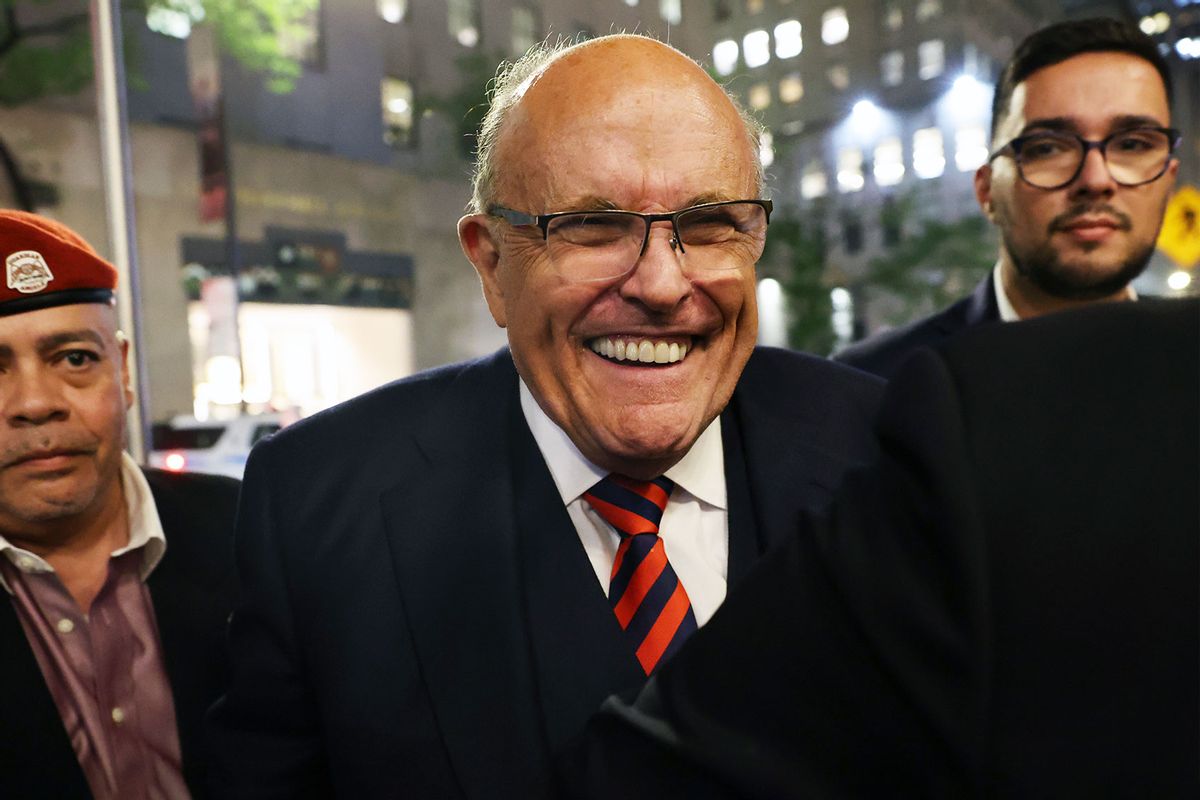 Rudy Giuliani appears in support of his son, New York Republican gubernatorial primary candidate Andrew Giuliani, at an election night watch party in Manhattan on June 28, 2022 in New York City. (Spencer Platt/Getty Images)