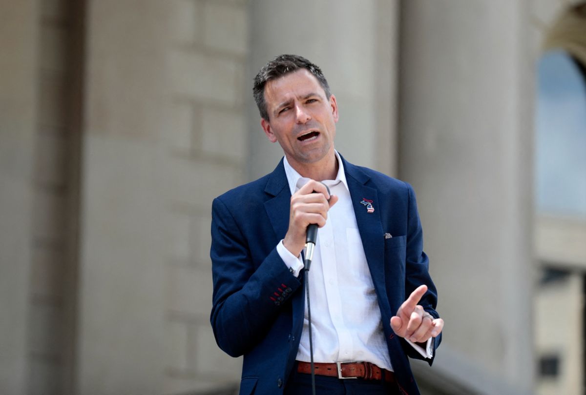 Ryan Kelley, a Republican candidate for Michigan Governor, speaks at the Rally to Vote outside the Michigan State Capitol in Lansing, Michigan, on July 30, 2022. (JEFF KOWALSKY/AFP via Getty Images)