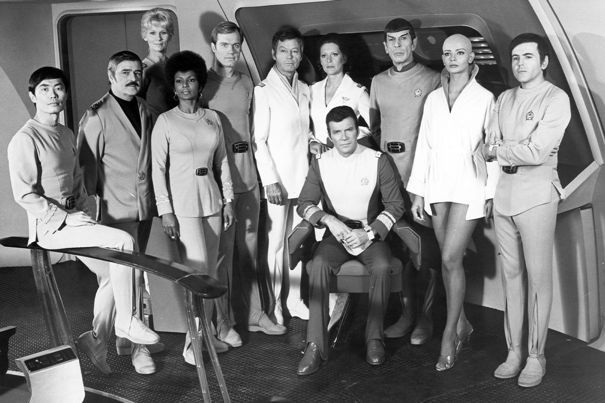 Actors George Takei, James Doohan, Grace Lee Whitney, Nichelle Nichols, Stephen Collins, DeForest Kelley, Majel Barrett, William Shatner, Leonard Nimoy, Persis Khambatta, Walter Koenig pose for a portrait during the filming of the movie "Star Trek: The Motion Picture" which was released December 27, 1979 in the United States. (Michael Ochs Archives/Getty Images)