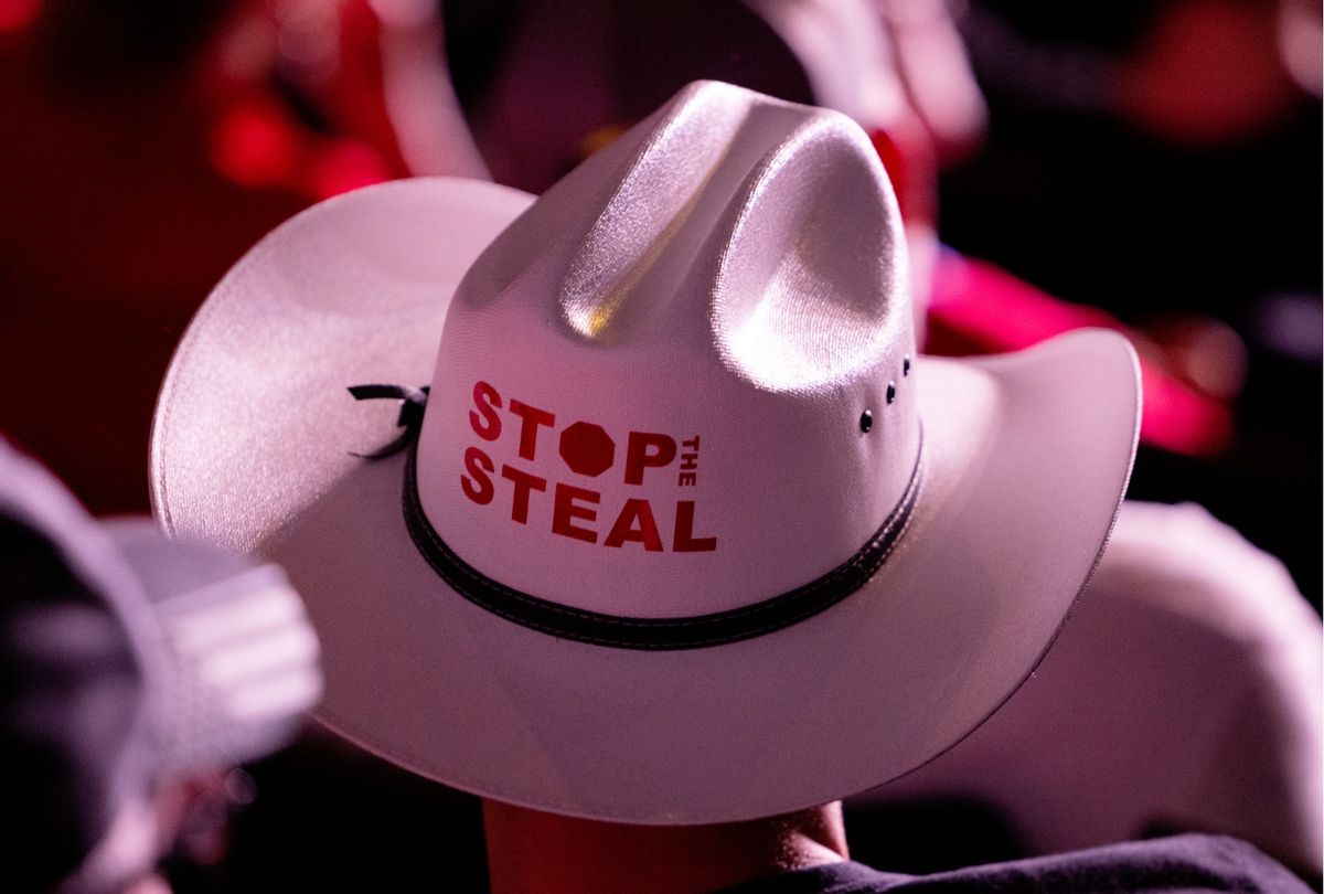 Person in a stop the steal cowboy hat at the Protect Our Elections Rally at the Arizona Federal Theater in Phoenix, AZ July 24, 2021.  (Cassidy Araiza for The Washington Post via Getty Images)