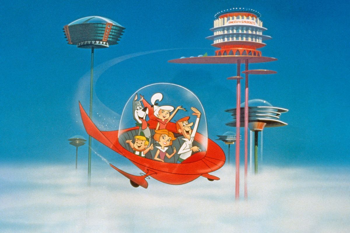 The Jetson family wave as they fly past buildings in space in their spaceship in a still from the animated television series, 'The Jetsons,' circa 1962. (Warner Bros./Courtesy of Getty Images)