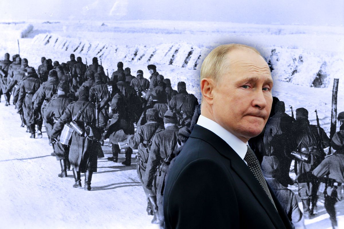 Russian President Vladimir Putin | Soldiers of the German Wehrmacht on the way to the front in Toropets, Russia, in 1943. (Photo illustration by Salon/Getty Images)