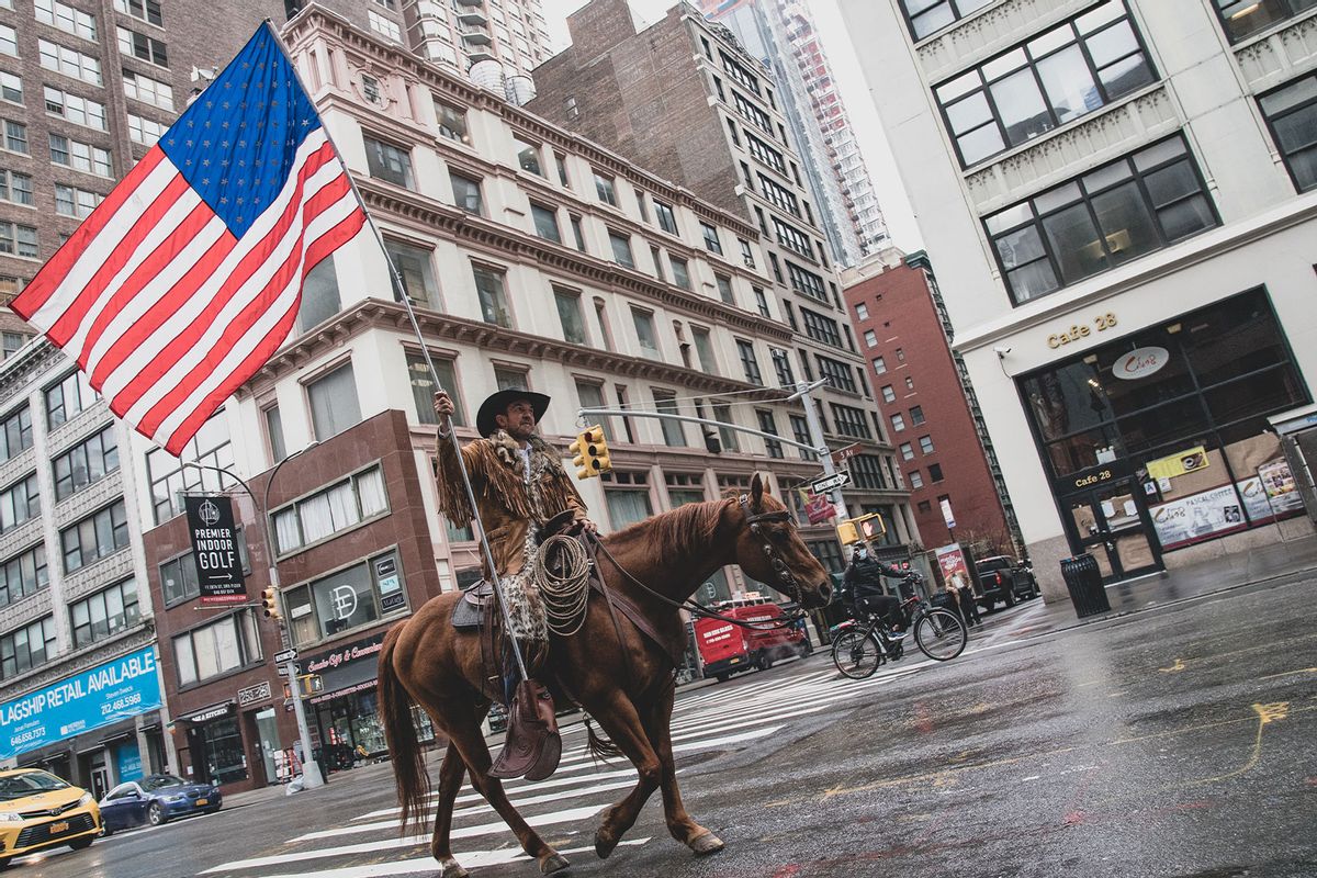 Otero County Commission Chairman and Cowboys for Trump co-founder Couy Griffin rides his horse on 5th avenue on May 1, 2020 in New York City. (Jeenah Moon/Getty Images)