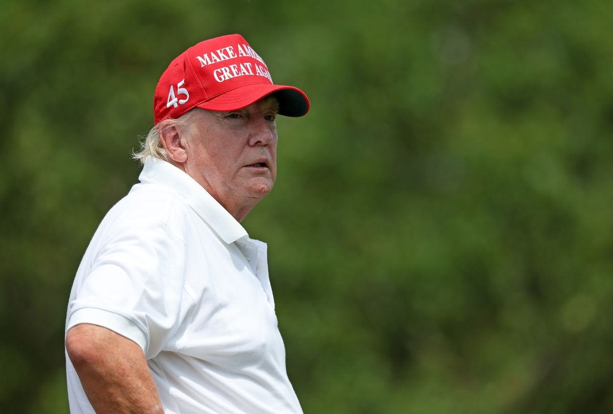 Former U.S. President Donald Trump looks on during the pro-am prior to the LIV Golf Invitational - Bedminster at Trump National Golf Club Bedminster on July 28, 2022. (Jonathan Ferrey/LIV Golf via Getty Images)