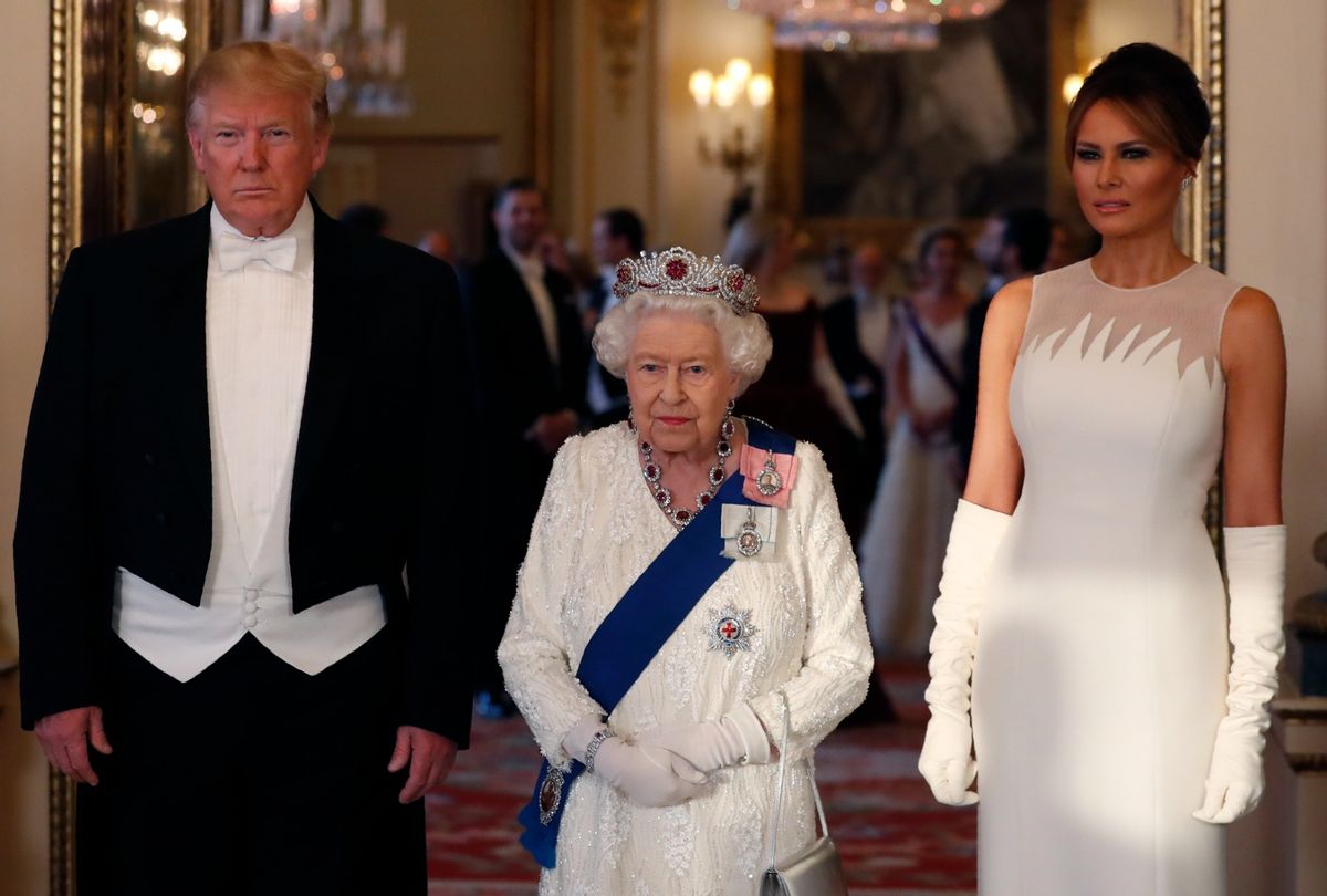 Queen Elizabeth II poses for a photo with former President Donald Trump and First Lady Melania Trump ahead of a State Banquet at Buckingham Palace on June 3, 2019 in London, England. (Alastair Grant - WPA Pool/Getty Images)