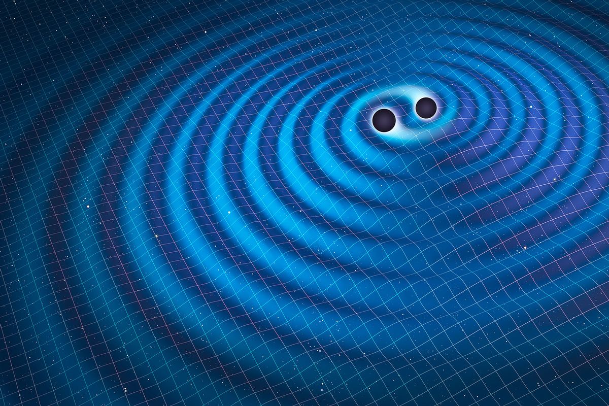 Illustration of two black holes orbiting each other emitting gravitational waves, a prediction of Einstein's theory of general relativity (Getty Images/Mark Garlick/Science Photo Library)