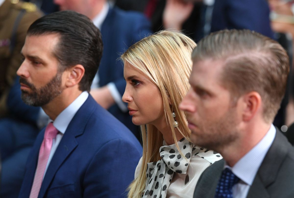 Donald Trump Jr., Ivanka Trump and Eric Trump listen to their father, former President Donald Trump, at press conference in London on June 4, 2019. (MANDEL NGAN/AFP via Getty Images)