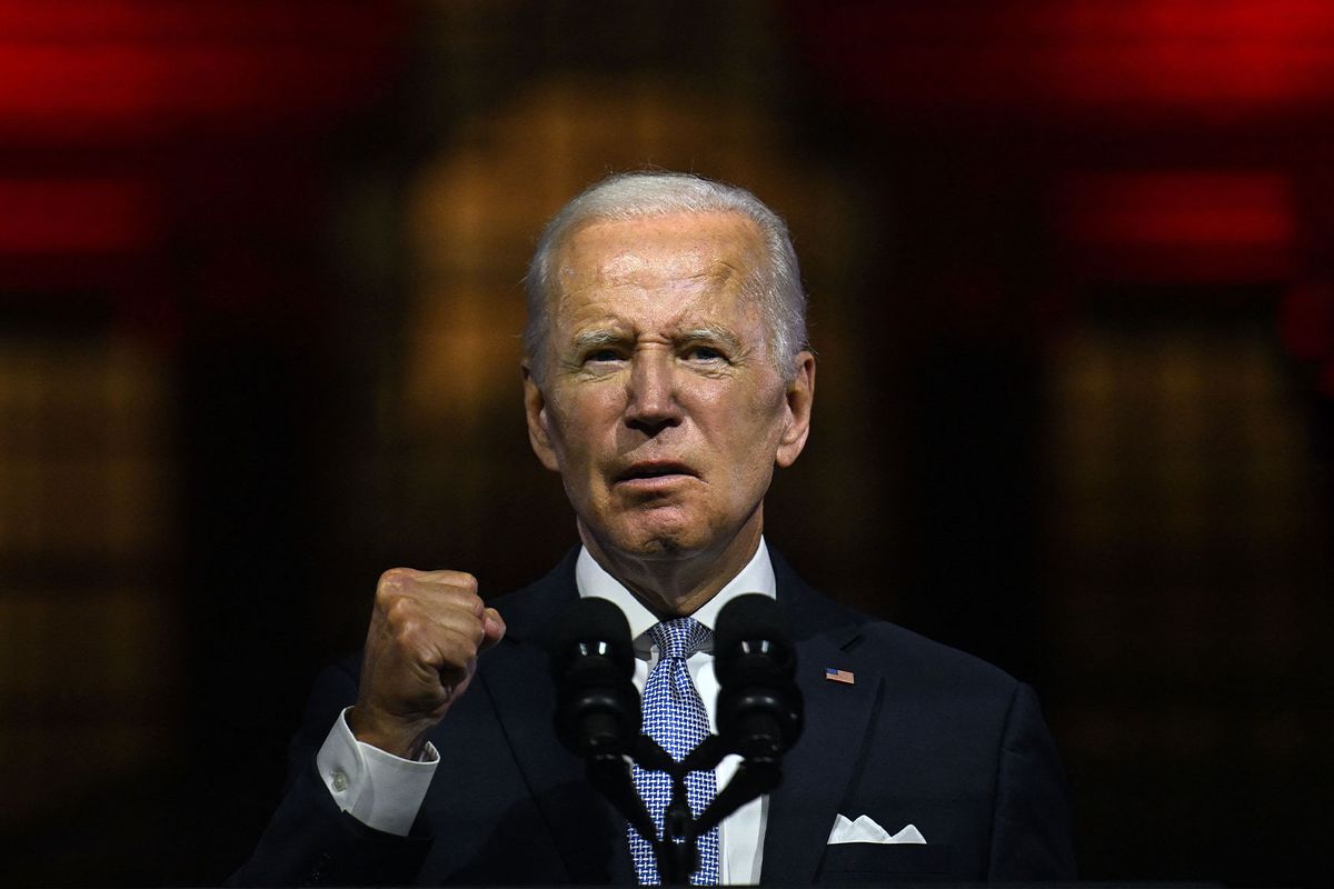 US President Joe Biden speaks about the soul of the nation, outside of Independence National Historical Park in Philadelphia, Pennsylvania, on September 1, 2022. (JIM WATSON/AFP via Getty Images)
