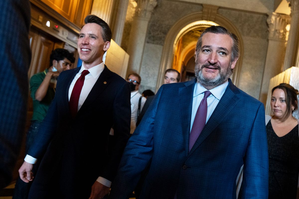 Sens. Ted Cruz, R-Texas (R) and Josh Hawley, R-Mo., are seen outside the Senate chamber on Tuesday, May 3, 2022. (Tom Williams/CQ-Roll Call, Inc via Getty Images)