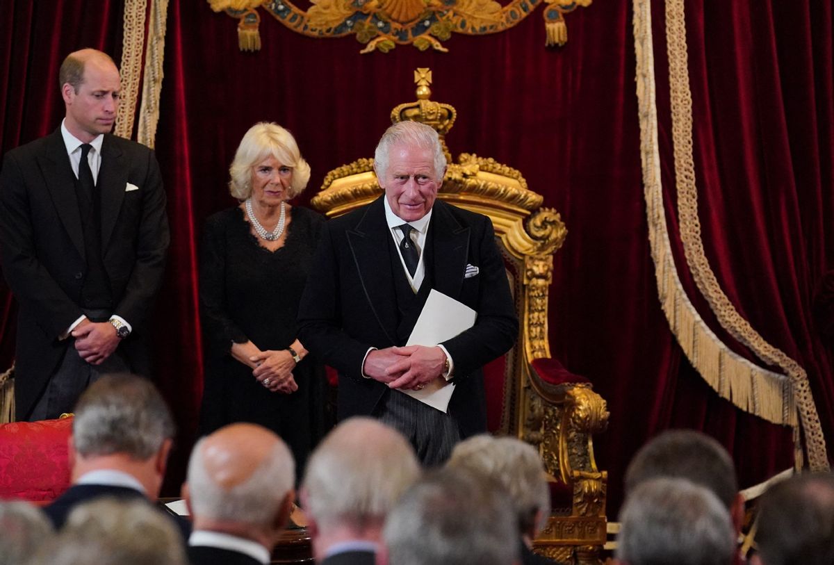 Britain's Prince William, Prince of Wales, Britain's Camilla, Queen Consortlisten as Britain's King Charles III speaks during a meeting of the Accession Council inside St James's Palace in London on September 10, 2022 (JONATHAN BRADY/POOL/AFP via Getty Images)
