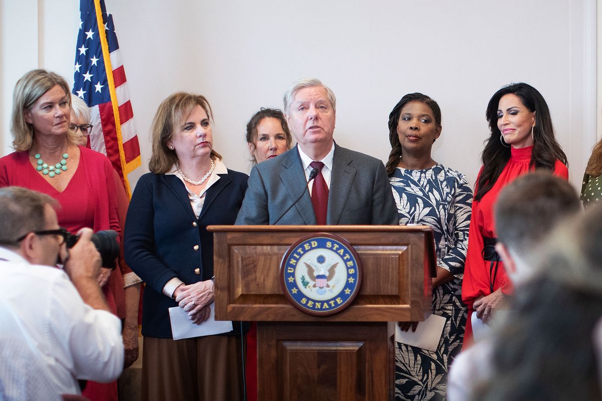 Senator Lindsey Graham (R-S.C.) speaks beside antiabortion leaders during the announcement of an abortion bill, on Capitol Hill in Washington, on Tuesday, September 13, 2022. (Tom Brenner for The Washington Post via Getty Images)