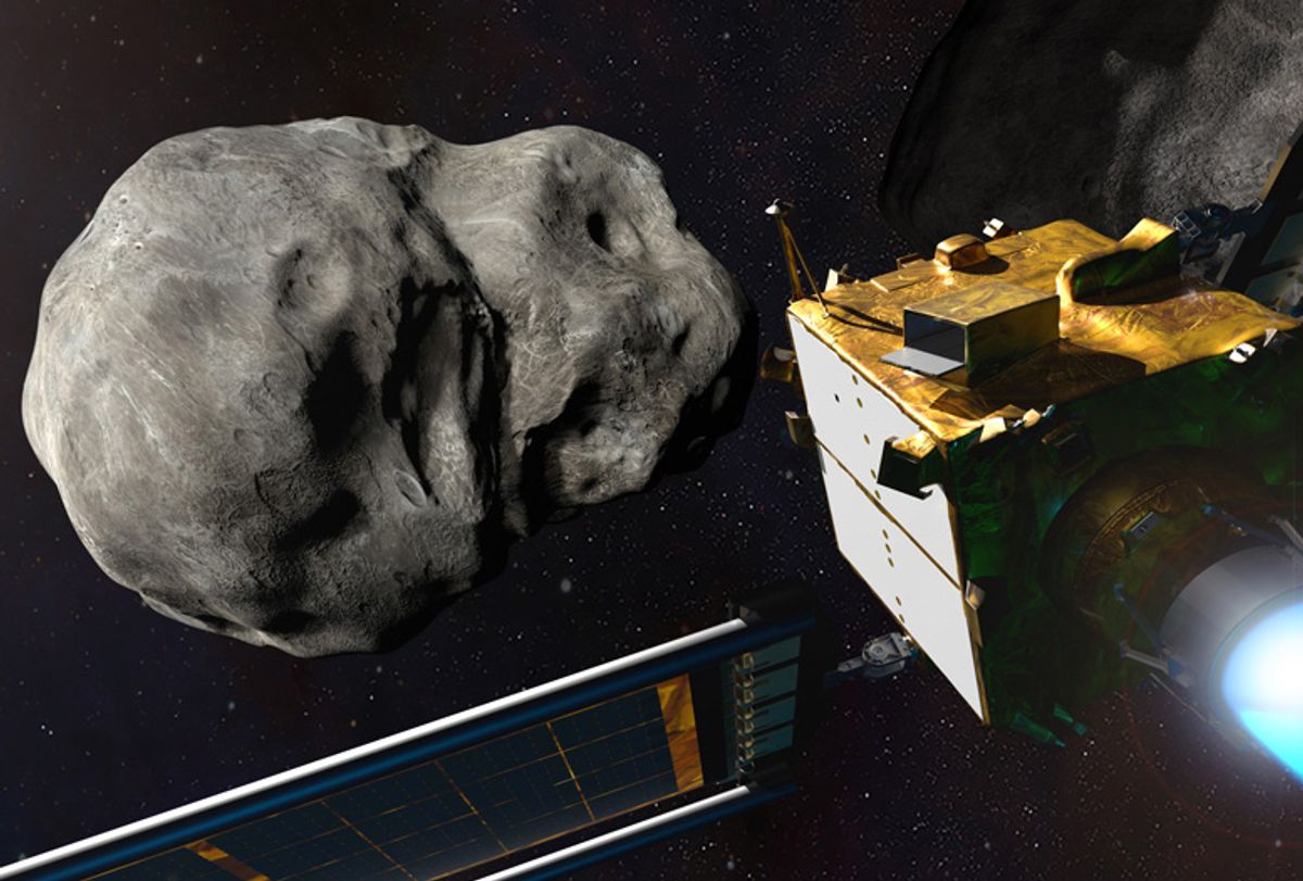 This illustration depicts NASA’s Double Asteroid Redirection Test (DART) spacecraft prior to impact at the Didymos binary asteroid system. (NASA/Johns Hopkins APL/Steve Gribben)