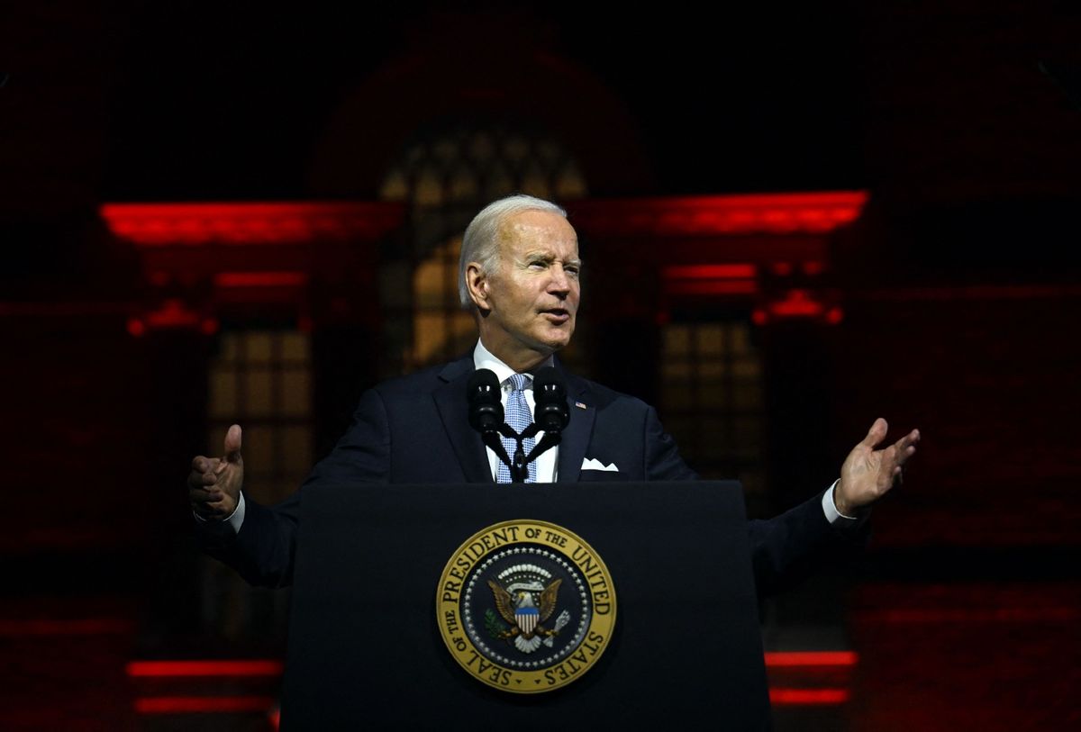 US President Joe Biden speaks about the soul of the nation, outside of Independence National Historical Park in Philadelphia, Pennsylvania, on September 1, 2022. ( JIM WATSON/AFP via Getty Images)