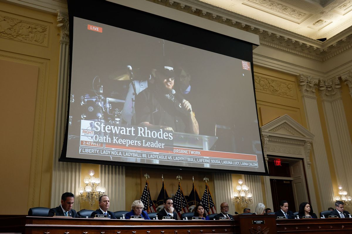 Oath Keepers founder Stewart Rhodes appears on a video screen above members of the Select Committee during the seventh hearing on the January 6th investigation in the Cannon House Office Building on July 12, 2022 in Washington, DC. (Anna Moneymaker/Getty Images)