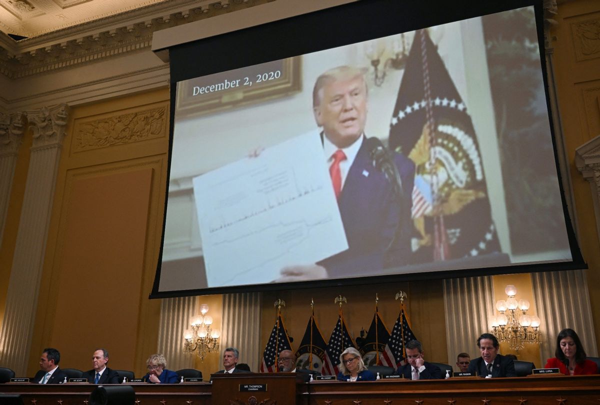 A video is shown of former US President Donald Trump at the US House Select Committee hearing to Investigate the January 6 Attack on the US Capitol, on Capitol Hill in Washington, DC, on October 13, 2022. (MANDEL NGAN/AFP via Getty Images)
