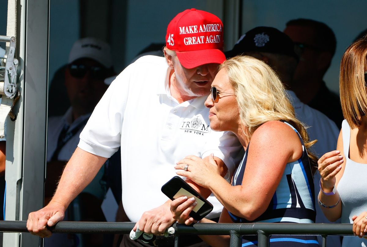 Former President Donald Trump and Marjorie Taylor Greene during the LIV golf invitational series on July 30, 2022 in Bedminster, New Jersey. (Rich Graessle/Icon Sportswire via Getty Images)
