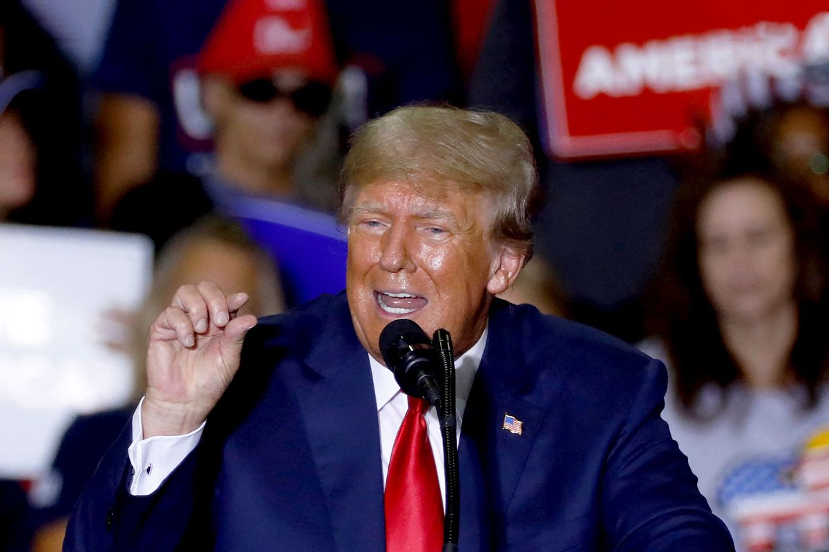 Former US President Donald Trump speaks during a Save America rally at Macomb County Community College Sports and Expo Center in Warren, Michigan, on October 1, 2022. (JEFF KOWALSKY/AFP via Getty Images)