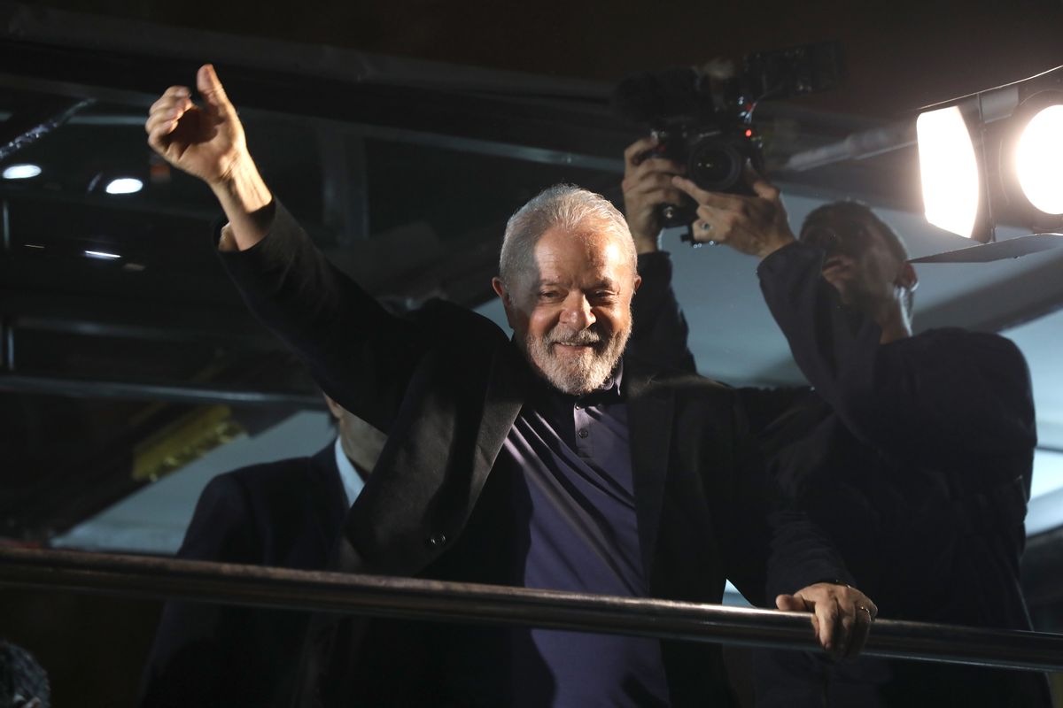 Worker's Party candidate Luiz Inácio Lula da Silva waves to supporters on Election Day, Oct. 2, 2022, in São Paulo, Brazil.  (Rodrigo Paiva/Getty Images)