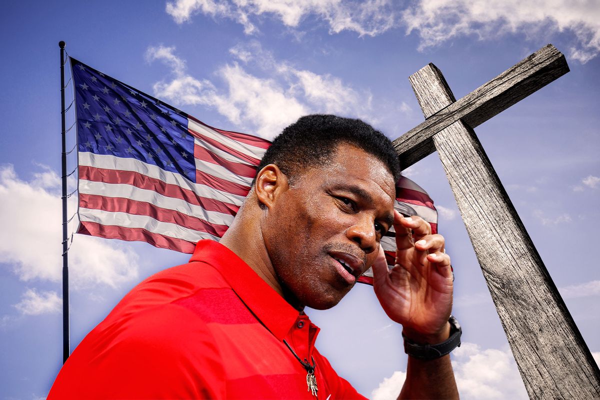 Herschel Walker in front of an American Flag and a cross (Photo illustration by Salon/Getty Images)