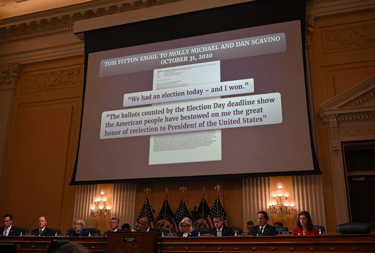 Documents are presented during a US House Select Committee hearing to Investigate the January 6 Attack on the US Capitol, on Capitol Hill in Washington, DC, on October 13, 2022.  (MANDEL NGAN/AFP via Getty Images)