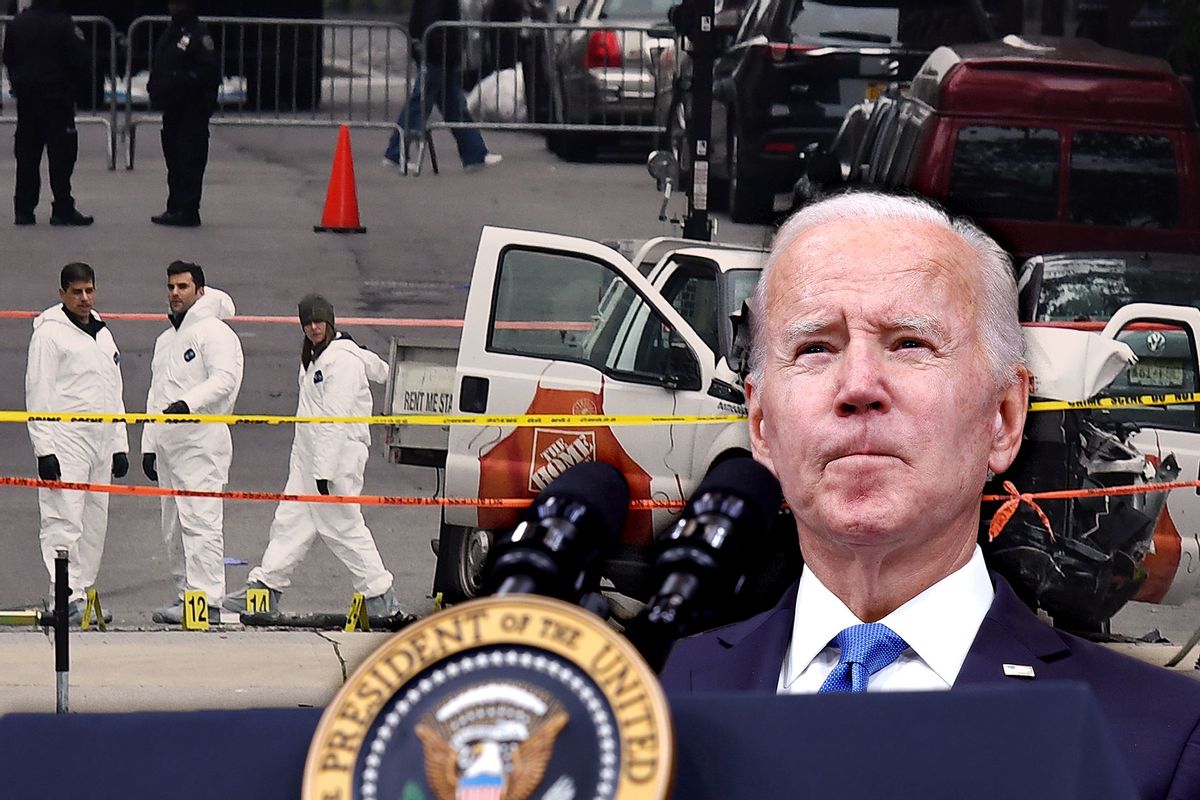 U.S. President Joe Biden | Investigators work around the wreckage of a Home Depot pickup truck a day after it was used in a terror attack in New York on November 1, 2017. (Photo illustration by Salon/Getty Images)
