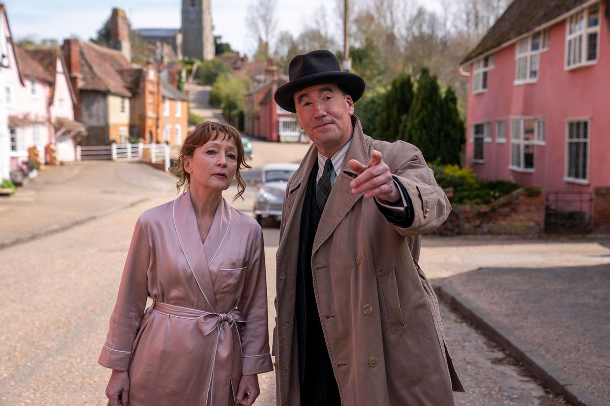 Lesley Manville as Susan Ryeland and Tim McMullan as Atticus Pünd in "Magpie Murders" (PBS/Eleventh Hour Films)