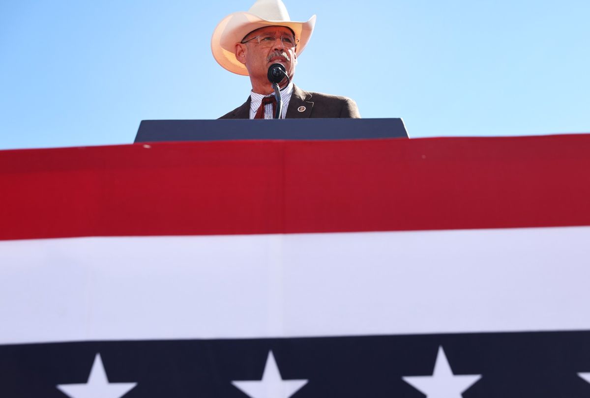 Mark Finchem, Republican nominee for Arizona secretary of state, speaks at a campaign rally attended by former President Donald Trump at Legacy Sports USA on October 09, 2022 in Mesa, Arizona.  (Mario Tama/Getty Images)