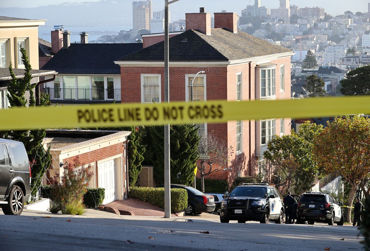 Police take measurements around Speaker of the United States House of Representatives Nancy Pelosi's home after her husband Paul Pelosi was assaulted with hammer inside their Pacific Heights home early morning on October 28, 2022 in San Francisco, California (Tayfun Coskun/Anadolu Agency via Getty Images)
