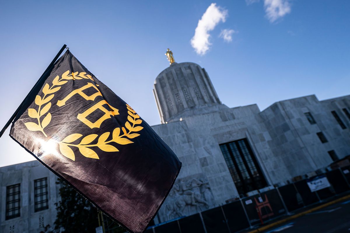 A Proud Boy flag flies in front of the Oregon state capitol (Nathan Howard/Getty Images)