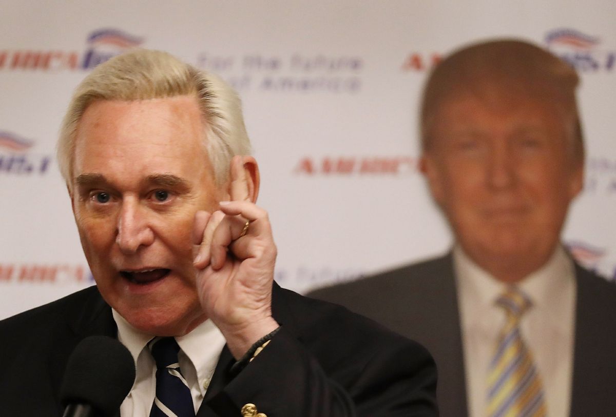 Roger Stone, a longtime political adviser and friend to former President Donald Trump, speaks before signing copies of his book "The Making of the President 2016" at the Boca Raton Marriott on March 21, 2017 in Boca Raton, Florida.  (Joe Raedle/Getty Images)